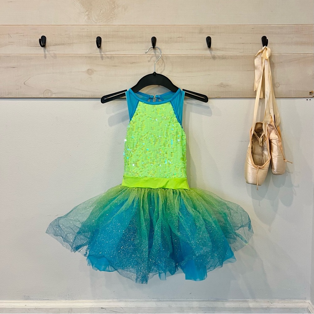 Weissman tap jazz dance costume, lime green and teal, tutu performance, size MC